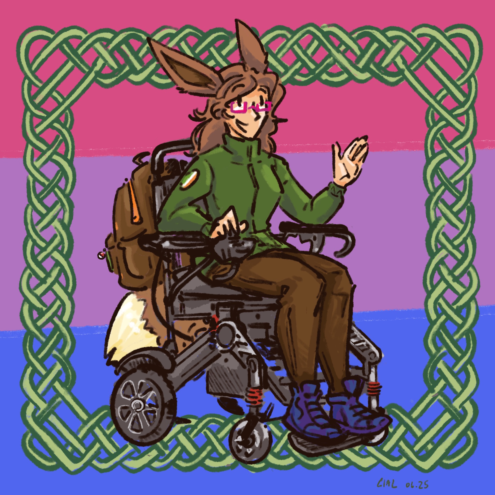 Commissioned illustration of &Eacute;im&iacute;, a fox-eared wheelchair user, against the bisexual pride flag