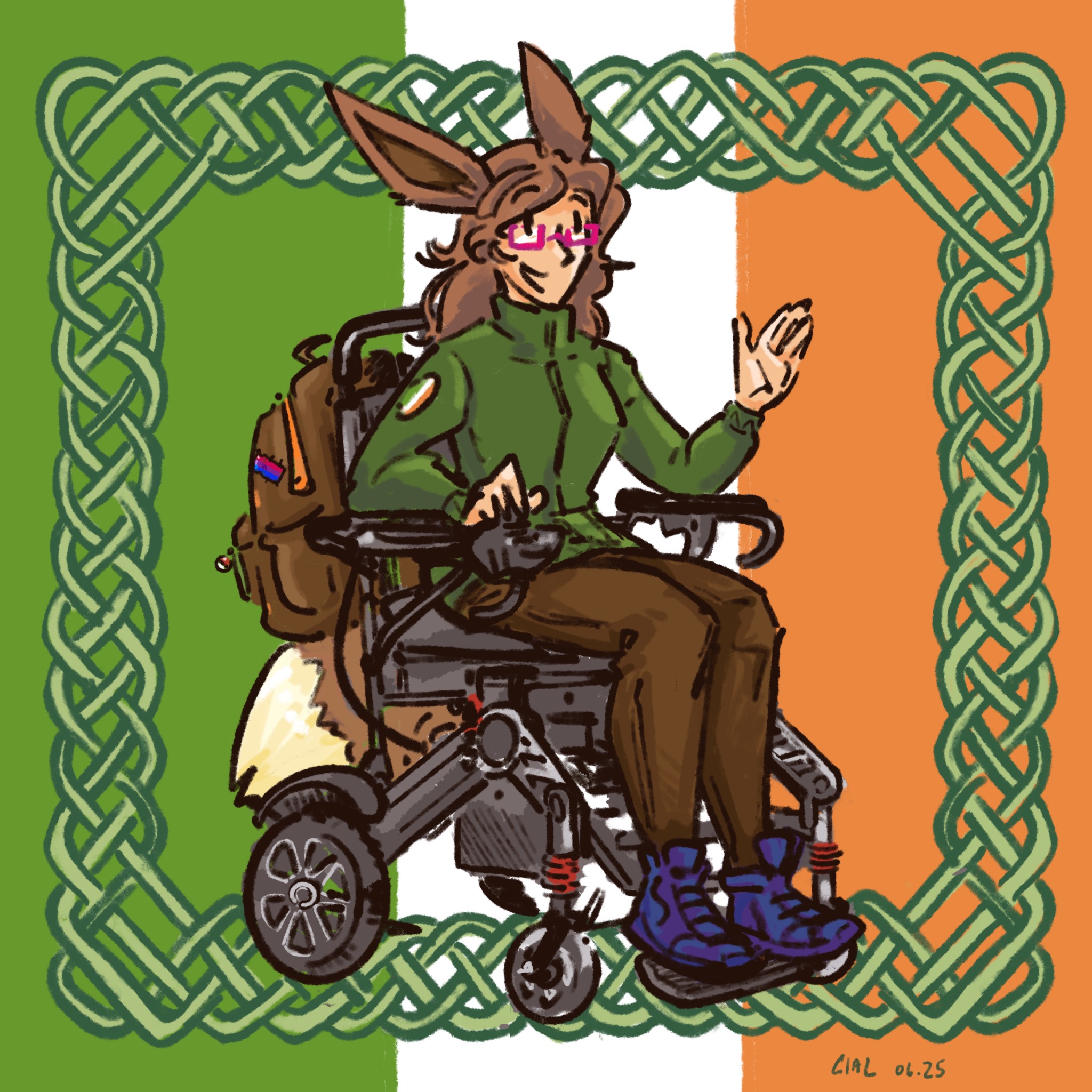 L&eacute;ar&aacute;id choimisi&uacute;naithe d&rsquo;&Eacute;im&iacute;, &uacute;s&aacute;ideoir cathaoireach rotha&iacute; le cluasa sionnaigh, os comhair thr&iacute;dhathach na h&Eacute;ireann