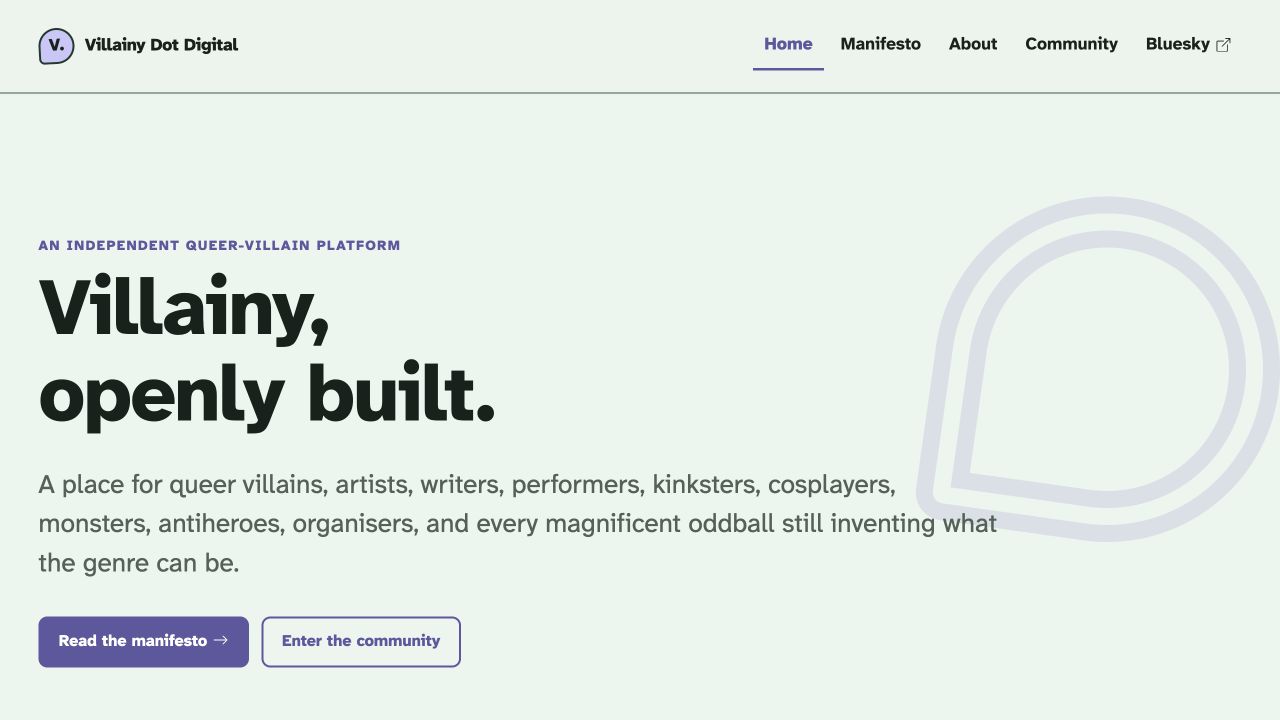 Villainy Dot Digital homepage, headed Villainy, openly built